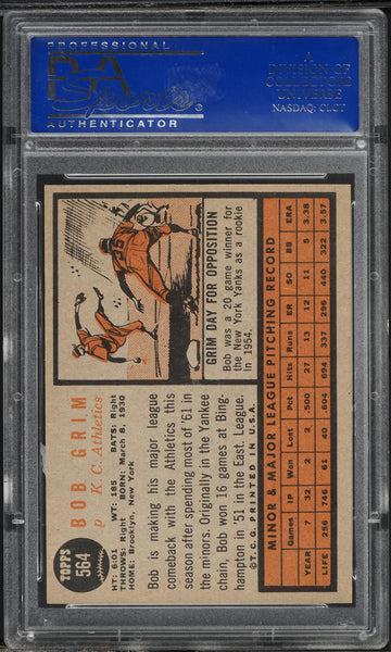 1962 Topps BB Card #564 Bob Grim Kansas City Athletics PSA 8 NM-MT (MGD2)