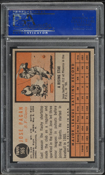 1962 Topps BB Card #565 Jose Pagan San Francisco Giants PSA 8 NM-MT (MGD2)