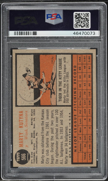 1962 Topps BB Card #566 Marty Kutyna Washington Senators SP PSA 8 NM-MT (MGD2)