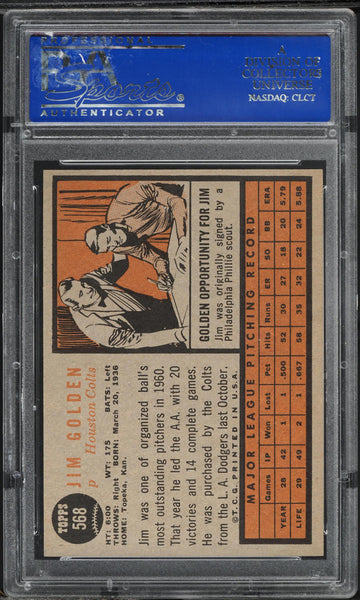1962 Topps BB Card #568 Jim Golden Houston Colt .45s PSA 8 NM-MT (MGD2)