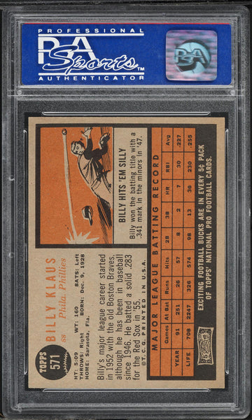 1962 Topps BB Card #571 Billy Klaus Philadelphia Phillies SP PSA 8 NM-MT (MGD2)