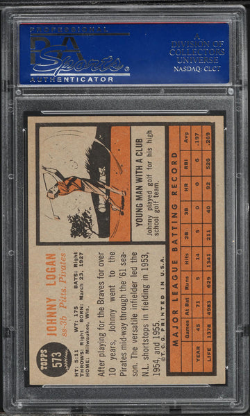1962 Topps BB Card #573 Johnny Logan Pittsburgh Pirates PSA 8 NM-MT (MGD2)