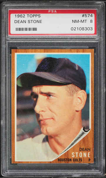 1962 Topps BB Card #574 Dean Stone Houston Colt .45s PSA 8 NM-MT (MGD2)