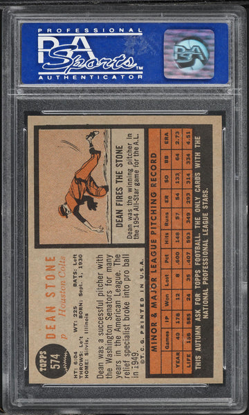 1962 Topps BB Card #574 Dean Stone Houston Colt .45s PSA 8 NM-MT (MGD2)