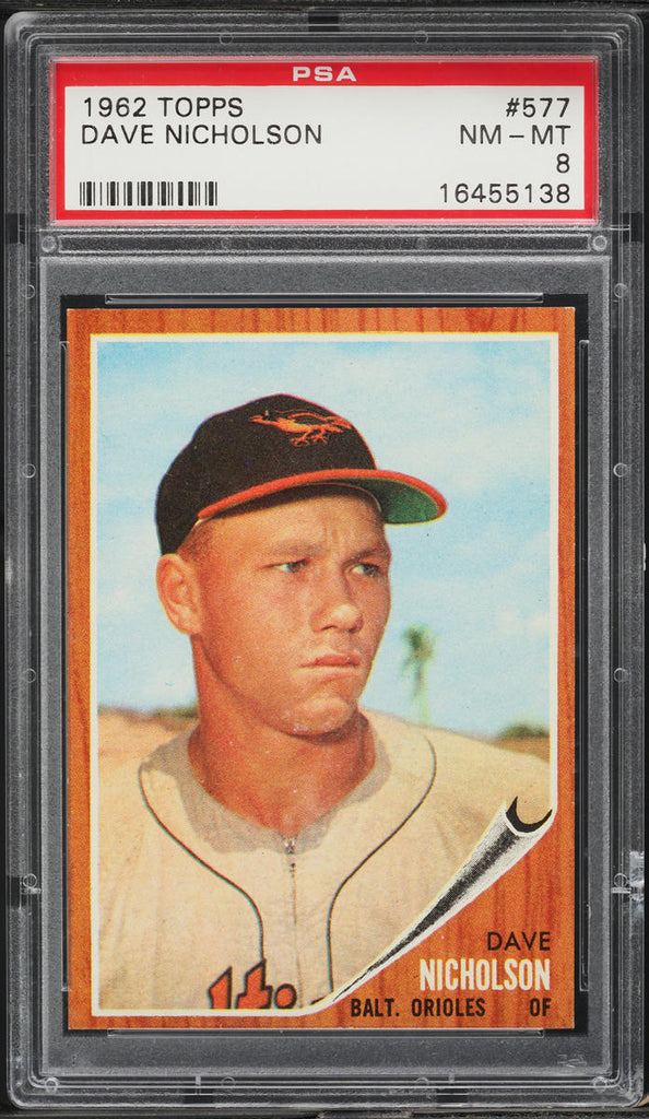 1962 Topps BB Card #577 Dave Nicholson Baltimore Orioles SP PSA 8 NM-MT (MGD2)