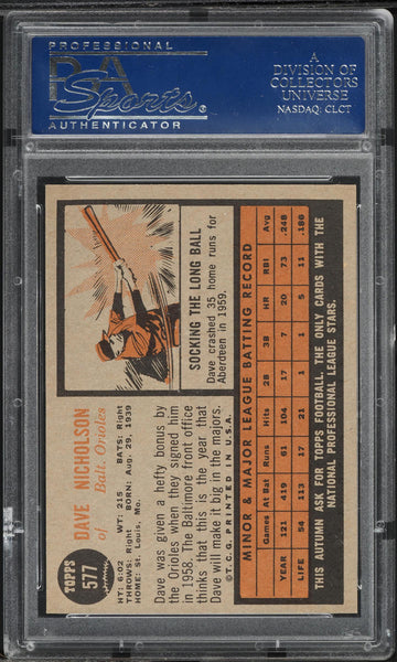 1962 Topps BB Card #577 Dave Nicholson Baltimore Orioles SP PSA 8 NM-MT (MGD2)