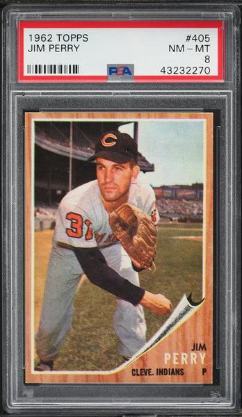 1962 Topps BB Card #405 Jim Perry Cleveland Indians PSA 8 NM-MT (MGD2)