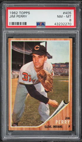 1962 Topps BB Card #405 Jim Perry Cleveland Indians PSA 8 NM-MT (MGD2)