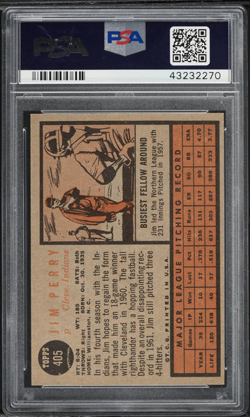 1962 Topps BB Card #405 Jim Perry Cleveland Indians PSA 8 NM-MT (MGD2)