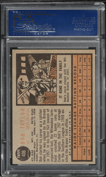 1962 Topps BB Card #406 Bob Taylor Milwaukee Braves PSA 8 NM-MT (MGD2)