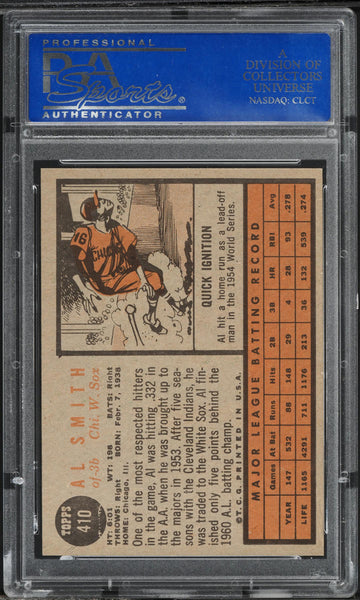 1962 Topps BB Card #410 Al Smith Chicago White Sox PSA 8 NM-MT (MGD2)