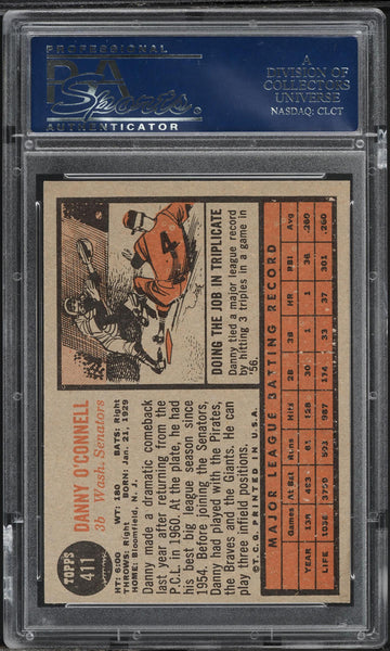 1962 Topps BB Card #411 Danny O'Connell Washington Senators PSA 8 NM-MT (MGD2)