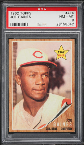 1962 Topps BB Card #414 Joe Gaines Cincinnati Reds ROOKIE RC PSA 8 NM-MT (MGD2)