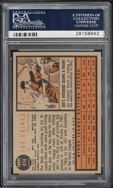 1962 Topps BB Card #414 Joe Gaines Cincinnati Reds ROOKIE RC PSA 8 NM-MT (MGD2)