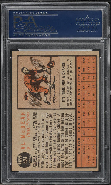 1962 Topps BB Card #424 Al McBean Pittsburgh Pirates ROOKIE RC PSA 8 NM-MT (MGD2)