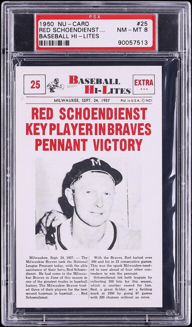 1960 Nu-Card BASEBALL HI-LITES # 25 Red Schoendienst Key Player In.. PSA 8 NM-MT (MGD2)