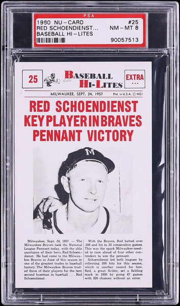 1960 Nu-Card BASEBALL HI-LITES # 25 Red Schoendienst Key Player In.. PSA 8 NM-MT (MGD2)
