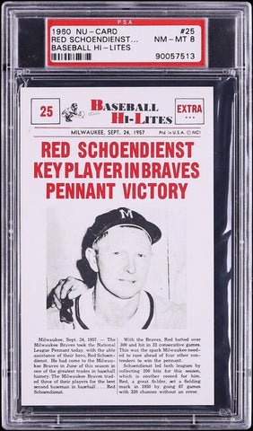 1960 Nu-Card BASEBALL HI-LITES # 25 Red Schoendienst Key Player In.. PSA 8 NM-MT (MGD2)