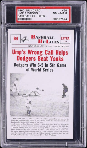1960 Nu-Card BASEBALL HI-LITES # 64 Ump's Call Helps Dodgers Beat Yanks PSA 8 (MGD2)