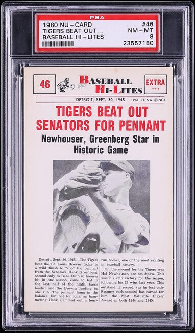 1960 Nu-Card BASEBALL HI-LITES # 46 Tigers Beat Out Senators For Pennant PSA 8 (MGD2)