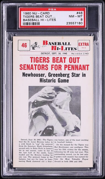 1960 Nu-Card BASEBALL HI-LITES # 46 Tigers Beat Out Senators For Pennant PSA 8 (MGD2)