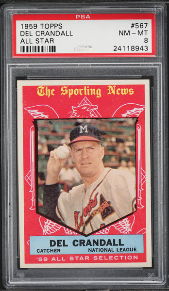 1959 Topps BB Card #567 Del Crandall Milwaukee Braves HOF ALL-STAR PSA 8 NM-MT (MGD2)
