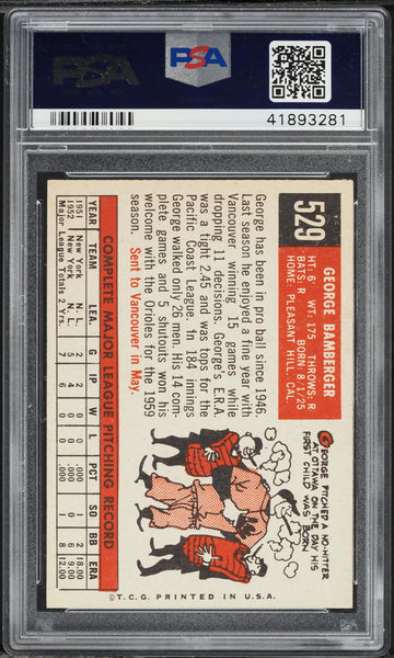 1959 Topps BB Card #529 George Bamberger Baltimore Orioles ROOKIE RC PSA 8 NM-MT (MGD2)