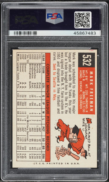 1959 Topps BB Card #532 Mark Freeman Kansas City Athletics ROOKIE RC PSA 8 NM-MT (MGD2)