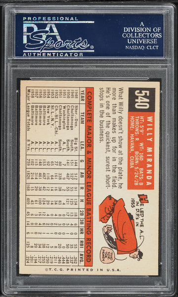 1959 Topps BB Card #540 Willy Miranda Baltimore Orioles PSA 8 NM-MT (MGD2)