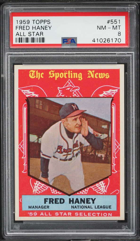1959 Topps BB Card #551 Fred Haney Milwaukee Braves ALL-STAR PSA 8 NM-MT (MGD2)