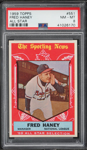 1959 Topps BB Card #551 Fred Haney Milwaukee Braves ALL-STAR PSA 8 NM-MT (MGD2)