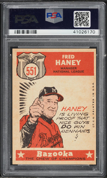 1959 Topps BB Card #551 Fred Haney Milwaukee Braves ALL-STAR PSA 8 NM-MT (MGD2)