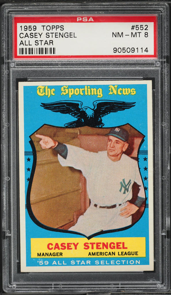 1959 Topps BB Card #552 Casey Stengel New York Yankees HOF ALL-STAR PSA 8 NM-MT (MGD2)