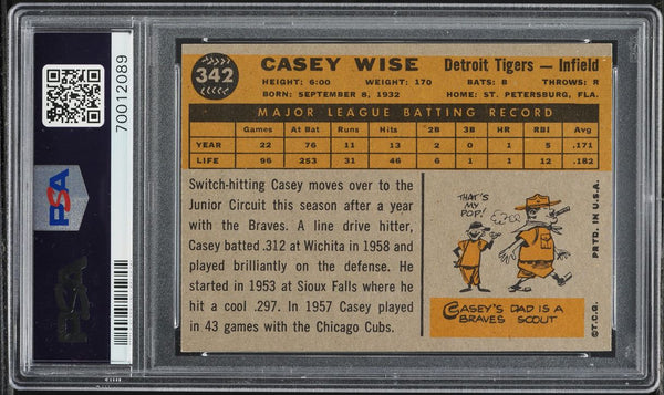1960 Topps BB Card #342 Casey Wise Detroit Tigers PSA 8 NM-MT (MGD2)