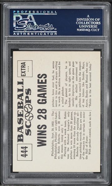 1961 Nu-Card Scoops BB Card #444 Robin Roberts Wins 28 Games HOF PSA 9 MINT (MGD2)