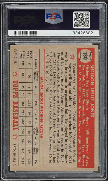 1952 Topps BB Card #130 Sheldon Jones New York Giants PSA 5 EX (MGD2)