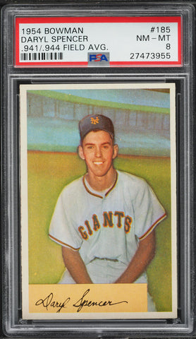 1954 Bowman BB Card #185 Daryl Spencer New York Giants ROOKIE RC ERR PSA 8 NM-MT (MGD2)