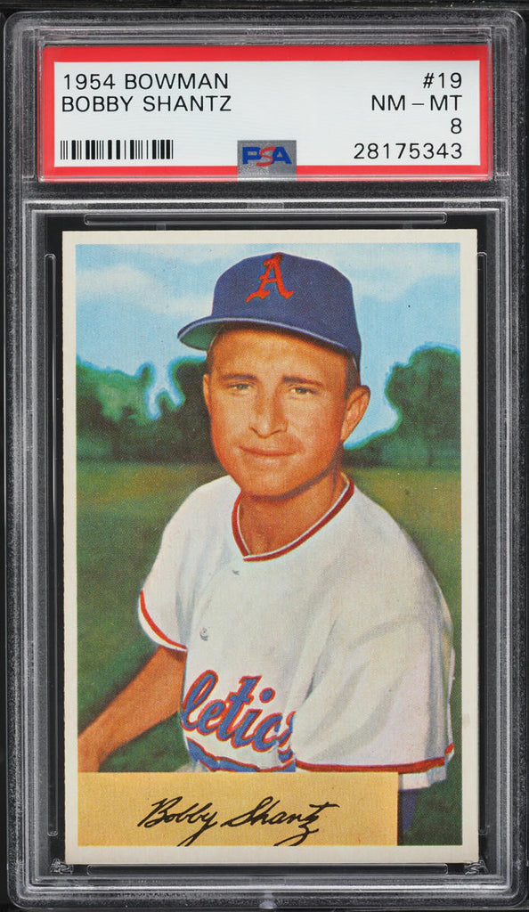 1954 Bowman BB Card # 19 Bobby Shantz Philadelphia Athletics HOF PSA 8 NM-MT (MGD2)