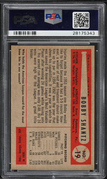 1954 Bowman BB Card # 19 Bobby Shantz Philadelphia Athletics HOF PSA 8 NM-MT (MGD2)