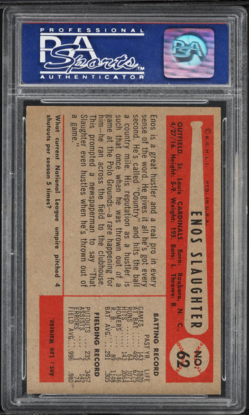 1954 Bowman BB Card # 62 Enos Slaughter St. Louis Cardinals HOF PSA 8 NM-MT (MGD2)