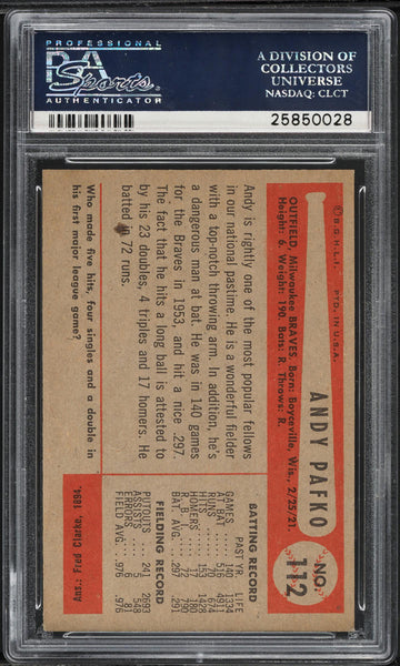 1954 Bowman BB Card #112 Andy Pafko Chicago Cubs HOF PSA 8 NM-MT (MGD2)