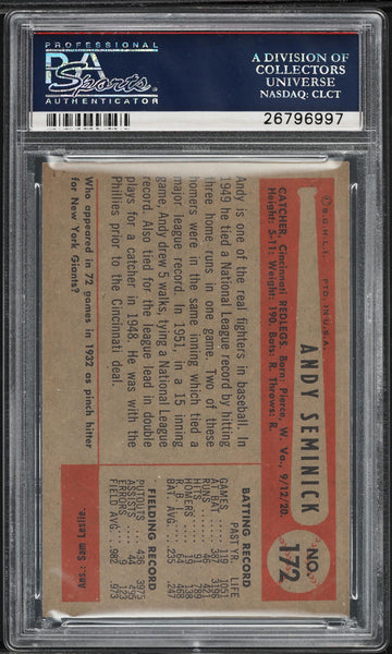 1954 Bowman BB Card #172 Andy Seminick Cincinnati Redlegs PSA 8 NM-MT (MGD2)