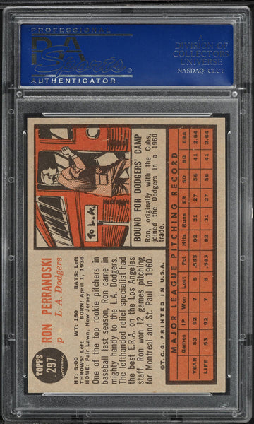 1962 Topps BB Card #297 Ron Perranoski Los Angeles Dodgers PSA 7 NRMT (MGD2)