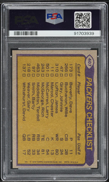 1979 Topps FB Card #407 Green Bay Packers TEAM LEADERS PSA 7 NRMT (MGD2)