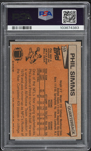 1981 Topps FB Card # 55 Phil Simms New York Giants HOF PSA 8 NM-MT (MGD2)