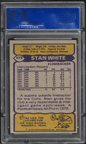 1979 Topps FB Card #478 Stan White Baltimore Colts PSA 9 MINT (MGD2)