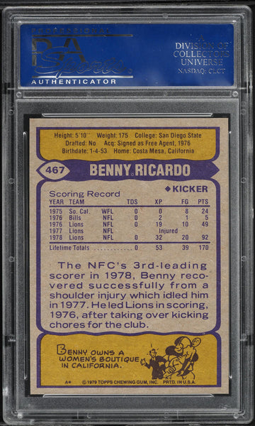 1979 Topps FB Card #467 Benny Ricardo Detroit Lions PSA 9 MINT (MGD2)