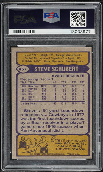 1979 Topps FB Card #457 Steve Schubert Chicago Bears PSA 9 MINT (MGD2)