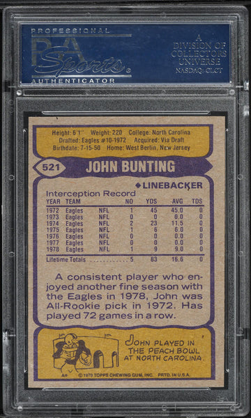 1979 Topps FB Card #521 John Bunting Philadelphia Eagles PSA 9 MINT (MGD2)
