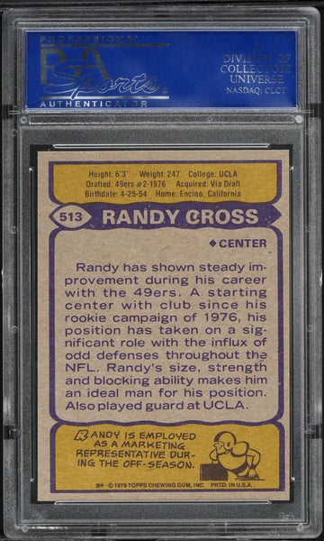 1979 Topps FB Card #513 Randy Cross San Francisco 49ers HOF PSA 9 MINT (MGD2)